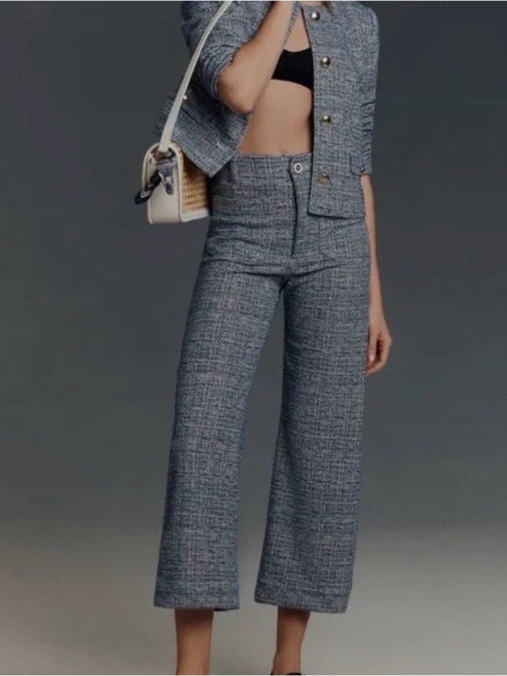 Maeve Anthropologie The Colette Tweed Crop Wide-Leg Pants Blue Sparkle Size 27 - Picture 12 of 13